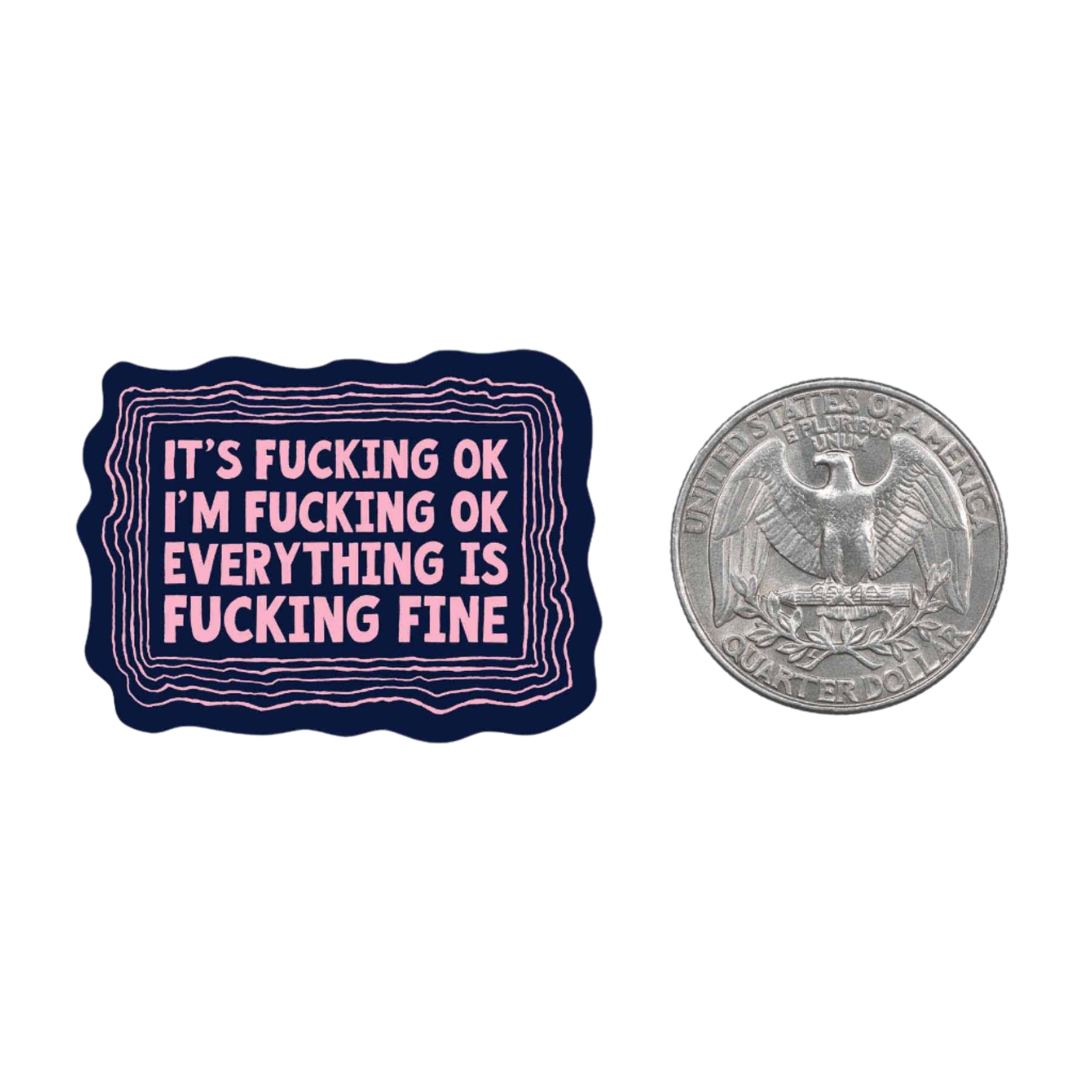 I’m Fine Mini Sticker with pink text on navy background – Funky Confetti